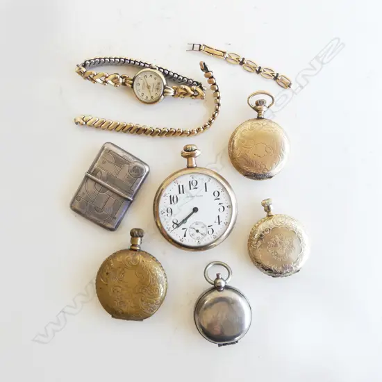 4 GP POCKETWATCHES, WRIST WATCH, 2 STRAPS (1 GOLD? 1.9gms) SILVER CASE, EP SOVEREIGN CASE