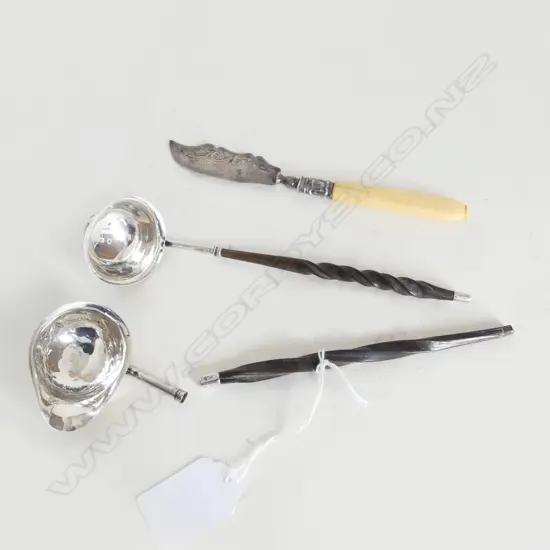 2 STG SILVER BALEEN HANDLED LADLES & STG KNIFE w. BONE HANDLE 
