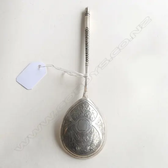 RUSSIAN SILVER SERVING SPOON 1882 spiral twist handle L.200mm. 57gms