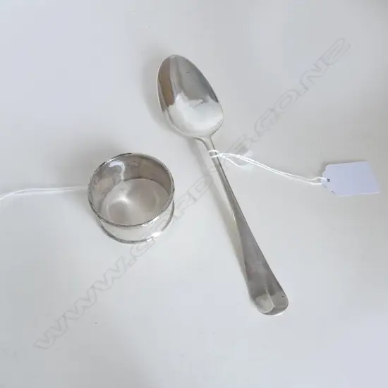 18thC BOTTOM MARKED TABLESPOON, MARKS RUBBED, 39gms, & STG NAPKIN RING 34gms