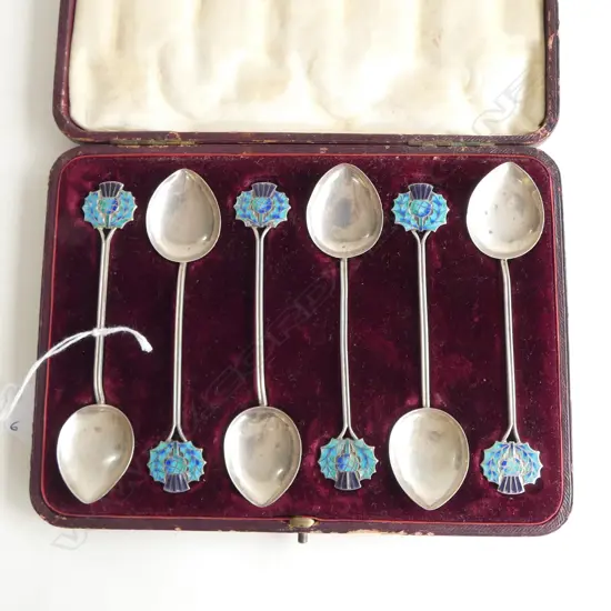 CASED SET 6 Birmingham 1905 SILVER & ENAMEL THISTLE COFFEE or TEA SPOONS 78gms