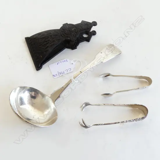 STG SILVER LADLE + 2 TONGS, 83gms + CAST IRON CLIP