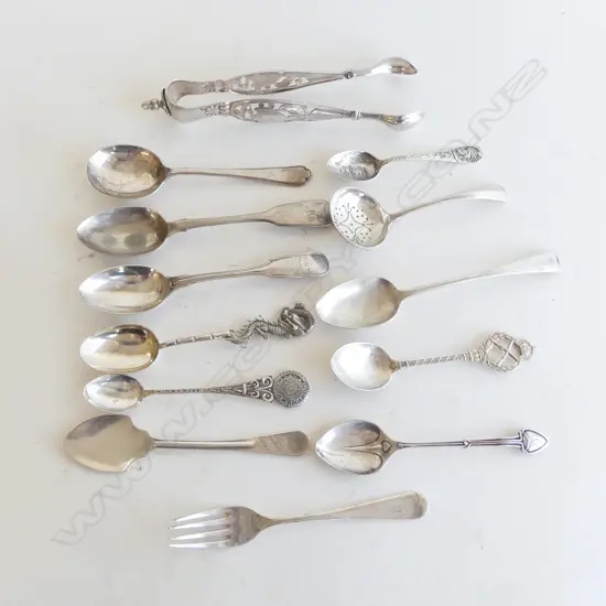 ***RTV***12 STG SILVER SPOONS + FRENCH SILVER TONGS, 267gms