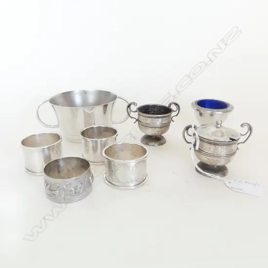 3 STG SILVER NAPKIN RINGS + PR TROPHIES 140gms + 3 PCES EP