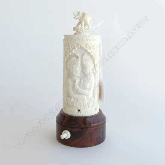INDIAN CARVED IVORY LAMP w. COUPLE & TAJ MAHAL H.190mm