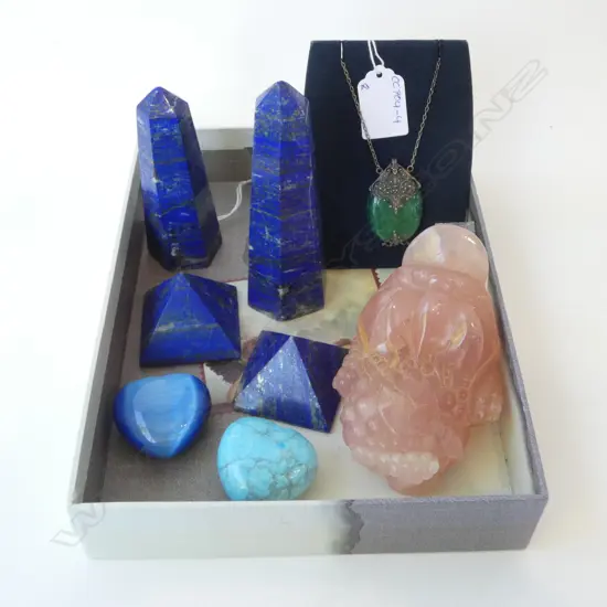 2 LAPIS LAZULI PYRAMIDS w. 2 LAPIS OBELISK, STG SILVER & GLASS PENDANT L.280mm, OTHER STONES