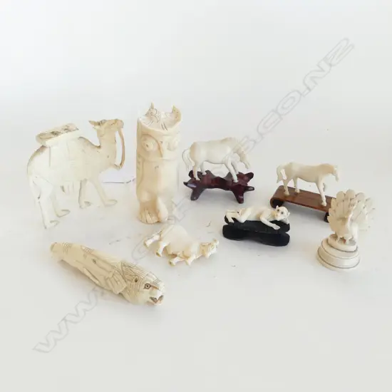 8 CARVED IVORY ANIMALS; OWL H.110mm
