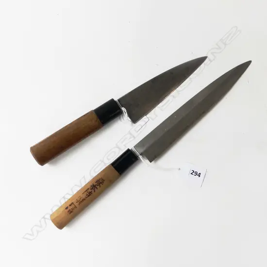 2 HANDFORGED JAPANESE CHEF'S KNIVES, (1 signed on blade & handle) L.260 & 320mm