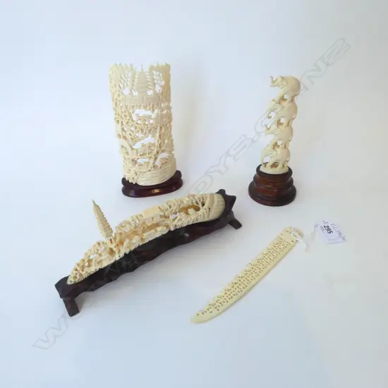 4 PCES CARVED IVORY; 3 ON STANDS H.170mm