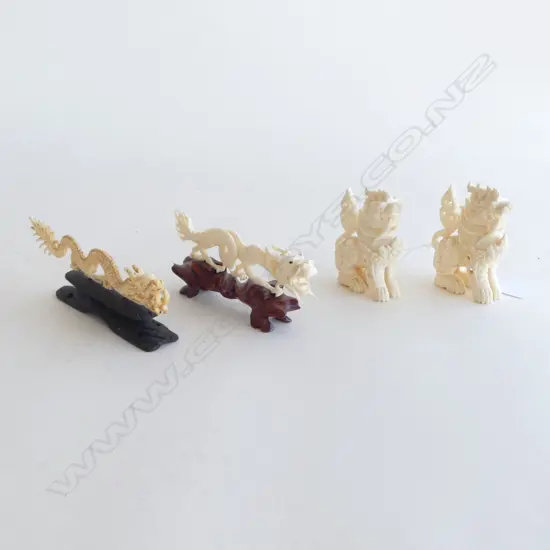 2 CARVED IVORY DRAGONS L.155mm + PR TEMPLE DOGS H.75mm