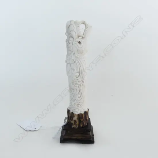 DEER ANTLER CARVING DRAGON, ON WOODEN STAND, H.140mm