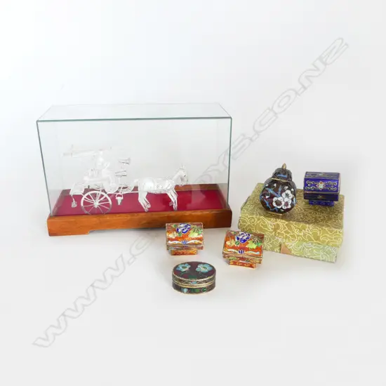 925 SILVER HORSE & CARRIAGE + 5 SMALL CLOISONNE CONTAINERS H.50mm