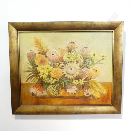 VINTAGE FLORAL PAINTING ON BOARD WITH GILDED FRAME, 630 X 770MM