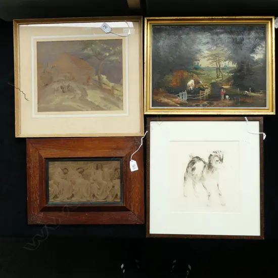 4 ARTWORKS; ALBERT MOORE 'DREAMERS' PRINT 135x235mm, HILDA WISEMAN COTTAGE 235x290mm, GOAT ETCHING, OIL LANDSCAPE