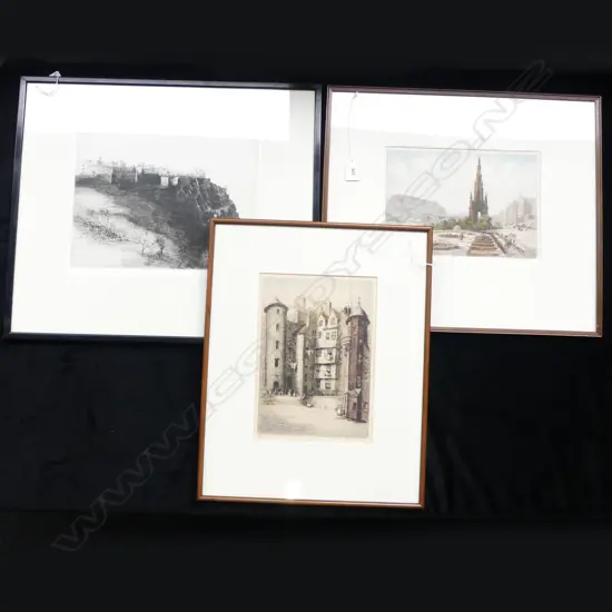 3 SIGNED EDINBURGH ETCHINGS; JAMES GRANT (1885-1973) & 2 R.HERDMAN-SMITH (1879-1935) COLOUR ETCHINGS 225x295mm