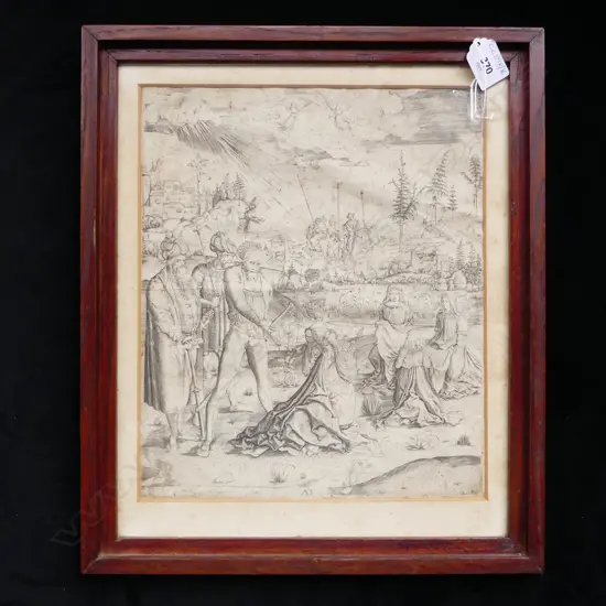 ANTIQUE ENGRAVING AFTER THE 'MARTYRDOM OF SAINT URSULA' BY THE MASTER M. Z. c.1500 310x260mm foxing