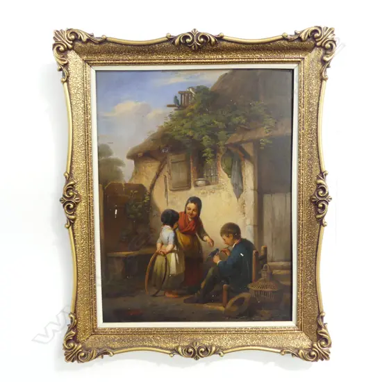 JULES BOULANGER (FRENCH 19thC), 3 CHILDREN IN COURTYARD, OIL ON BOARD 430x330mm