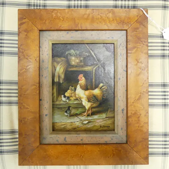 K. DURRAN, HEN & CHICKS IN BARN, ACRYLIC ON BOARD, 170x120mm