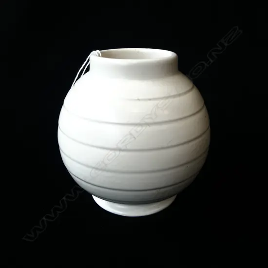 CROWN LYNN HAND POTTED SPHERICAL VASE w LATHED RINGS, STAMPED, H.1350mm (sml chip to rim)
