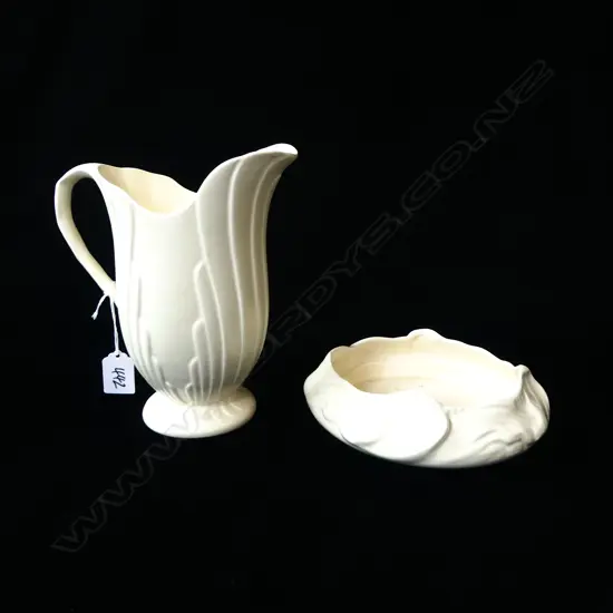 2 PCS CROWN LYNN; FLARED JUG, STAMPED, H.210m (hairline crack to lip) & SM SWIRL DISH, STAMPED, Dia.190mm