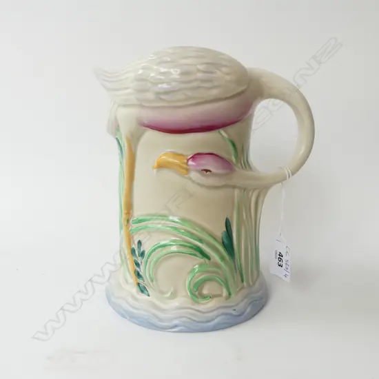 CLARICE CLIFF JUG w. CRANE BIRD HANDLE H.190mm