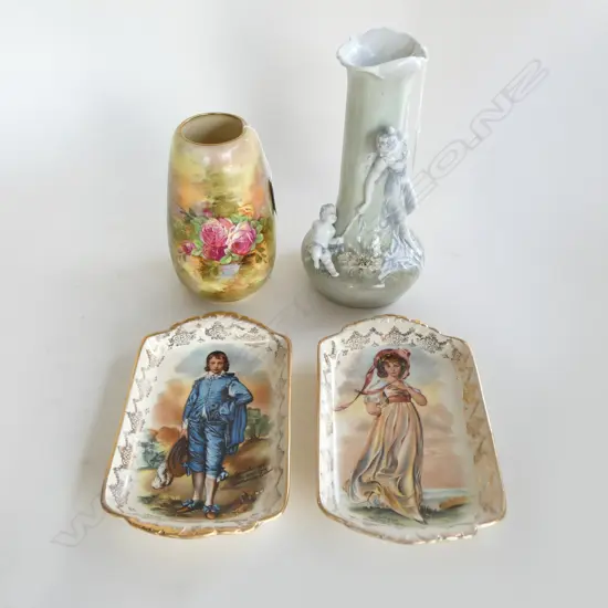 2 CROWN LYNN CHARACTER DISHES,CONTINENTAL PALE GRN PORCELAIN VASE, H.240mm (tiny chip to rim) & ROYAL WINTON FLORAL VASE