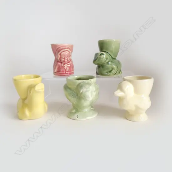 5 CROWN LYNN EGG CUPS (Frog & Red Ridinghood hairlines)