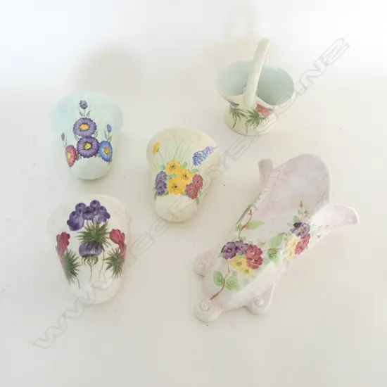 5 PCES RADFORD POTTERY; 4 WALL VASES (3 + 1 H.230mm), BASKET