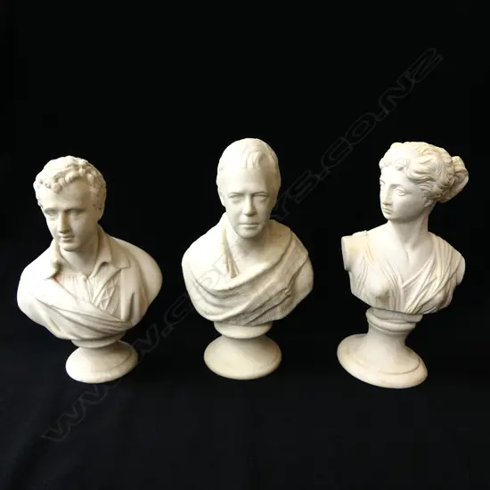 3 CLASSICAL BUSTS; BYRON, ARTEMIS 'HELEN OF TROY' & OTHER H.230mm...