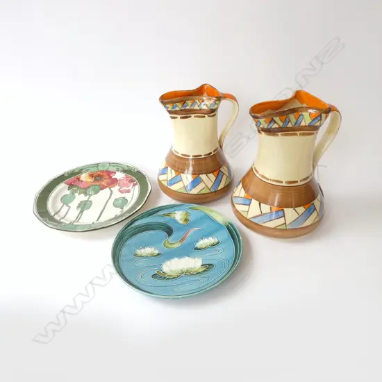 2 DECO HAND PAINTED MYOTT JUGS H.200mm + 2 PLATES; R. DOULTON & GERMAN