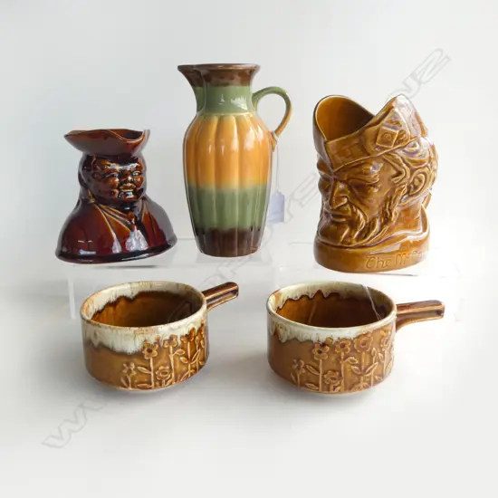 4 PCS CROWN LYNN; 'MCCALLUM TOBY JUG, H.170mm BROWN GLAZE TOBY JUG H.130mm, 2 SOUP RAMEKINS w FLOWER DECOR & OTHER JUG