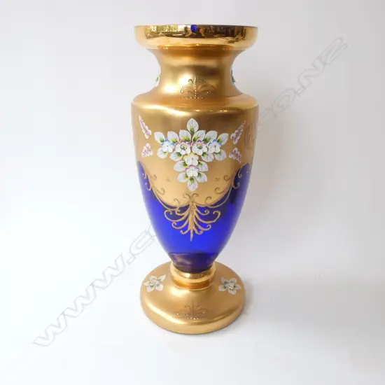 BLUE & GOLD VENETIAN GLASS VASE w. APPLIED FLOWERS H.400mm