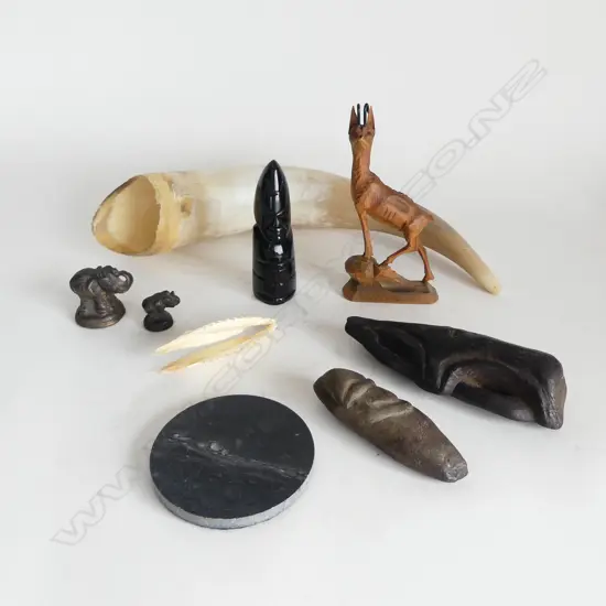 3 MELANESIAN? CARVED ARTEFACTS, A FISH JAWBONE & A BULLOCK HORN + mini carved goat + 2 old brass elephant weights
