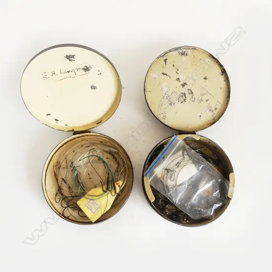 2 VINTAGE ROUND TACKLE TINS & CONTENTS DIA120MM