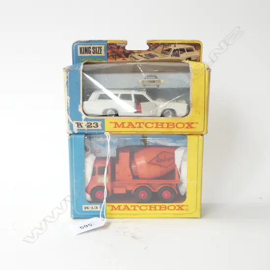 2 VINTAGE MATCHBOX; CONCRETE TRUCK & POLICE CAR, BOXED