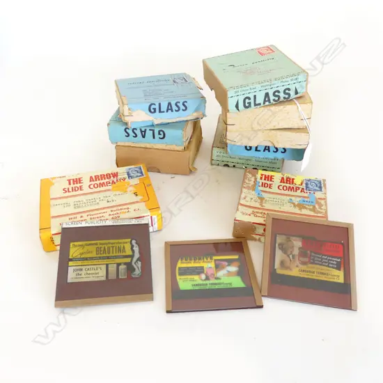 1950's 1960's ADVERTISING GLASS coloured SLIDES for screen advertising. Castle's Chemist Wellington. Revlon etc.9 boxes