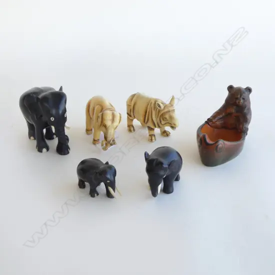 CERAMIC ELEPHANT & RHINO by Ernst Bohne Söhne+ 3 EBONY ELEPHANTS+ DANISH POTTERY BEAR PIN DISH