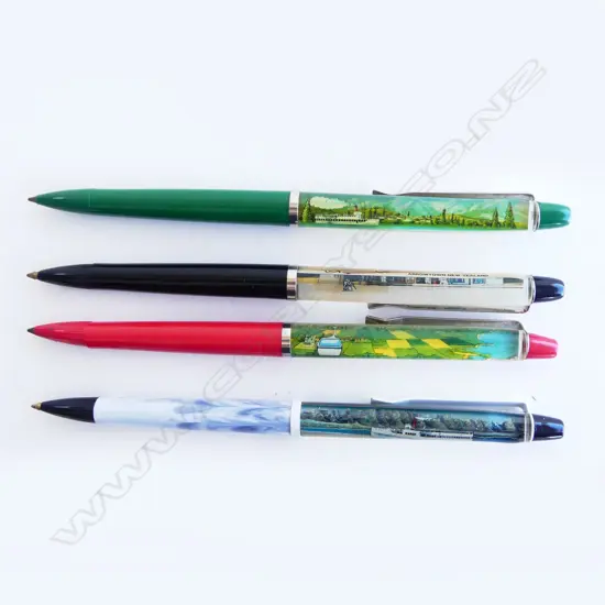 4 RETRO PENS w MOVING NZ SCENES QUEENSTOWN RELATED TOURIST ATTRACTIONS, MADE IN DENMARK