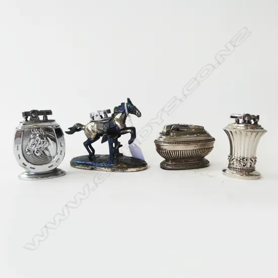 FOUR TABLE LIGHTERS; 2 w. HORSE MOTIFS, LARGEST H.100mm