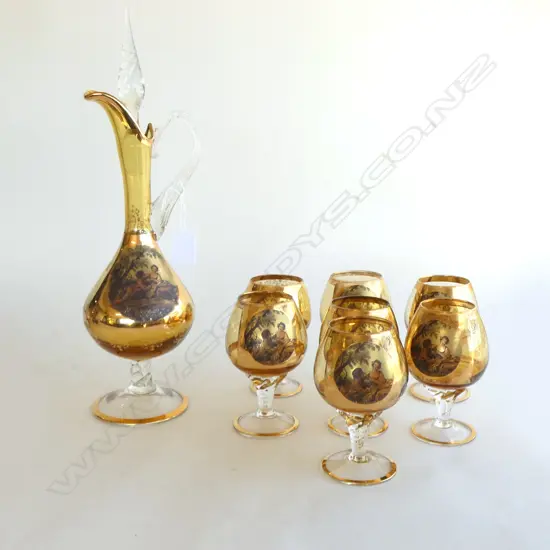 AMBER VENETIAN DECANTER H.400mm & 7 GLASSES