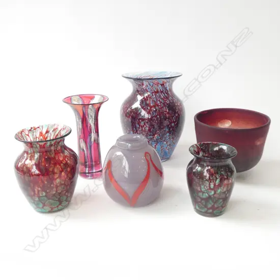 6 ART GLASS VASES, RED TONES H.180mm