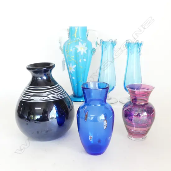 6 ART GLASS VASES, BLUE TONES H.200mm