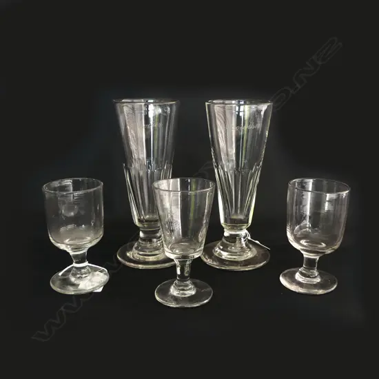 5 19thC DRINKING GLASSES: 2 BEER + 3 SMALLER