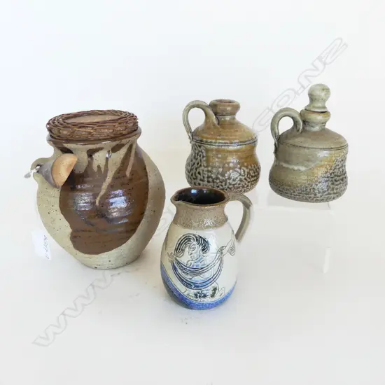 4 NZ STUDIO POTTERY PCES;  STORAGE JAR  H.160mm + 2 OIL BOTTLES + JUG w incised Māori myth small chip