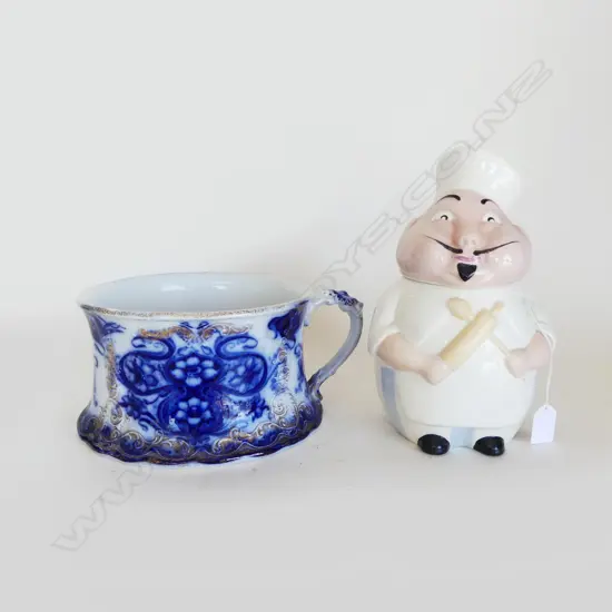 CROWN DEVON COOKIE JAR & FLOW BLUE CHAMBER POT Dia.220mm