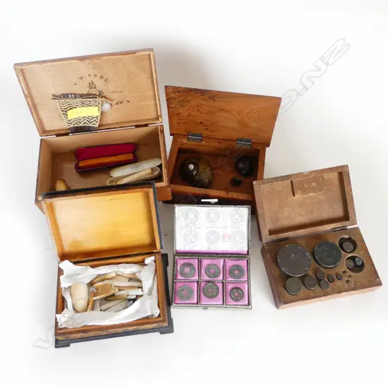 5 SMALL BOXES w WEIGHTS, CHINESE COINS, CLAY PIPES, ETC. 