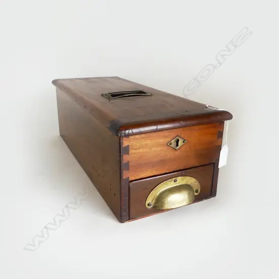 VINTAGE MAHOGANY & BRASS CASH BOX WITH BELL L450MM