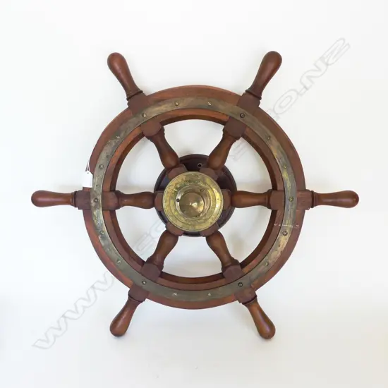 VINTAGE MAHOGANY & BRASS SHIPS WHEEL DIA750MM
