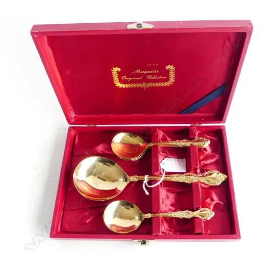 GOLD PLATED SET OF 6 DESSERT SPOONS AND SERVING SPOON IN BOX