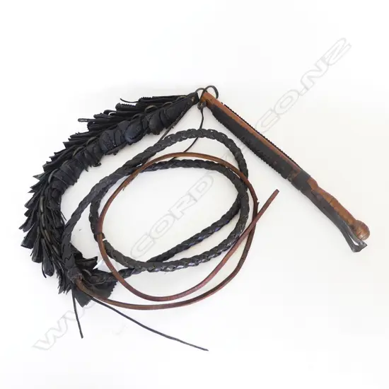 DANISH 19thC BULLWHIP, w WOODEN HANDLE, RING & FLAP SECTION & RAWHIDE PLAIT. APPROX 4m INCL TAIL 